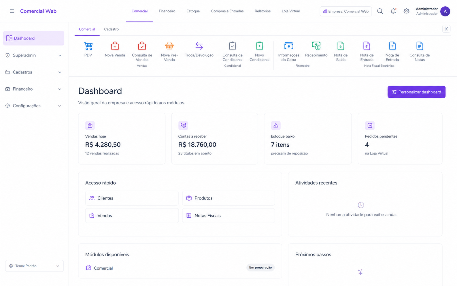 Painel de gestão do Comercial Web com indicadores e atividades recentes